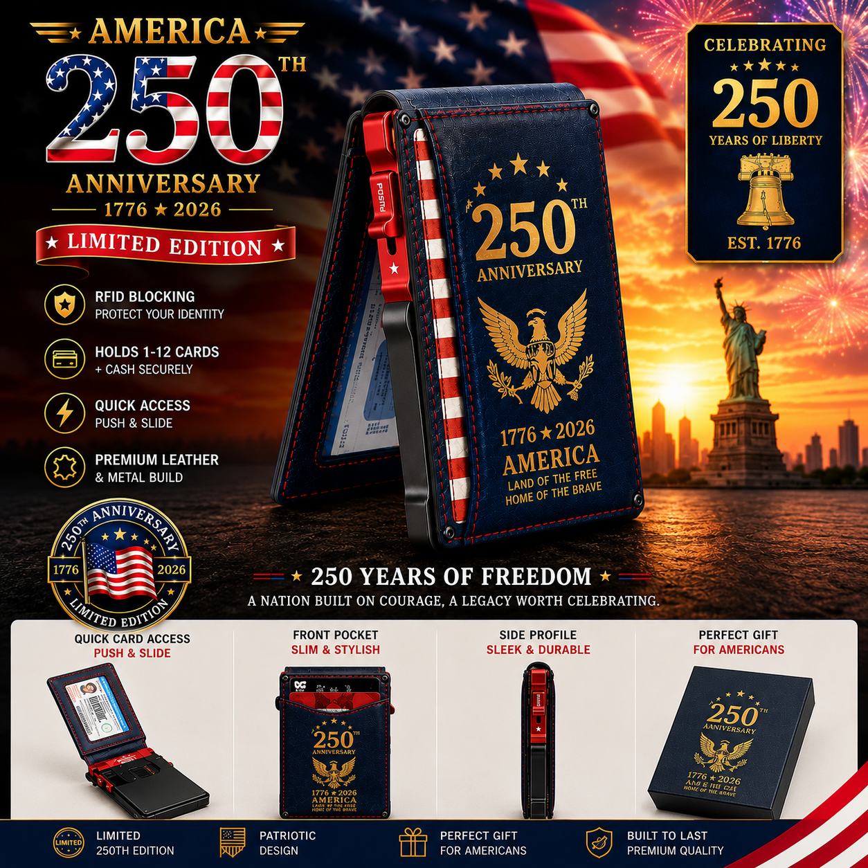 🎁250th Anniversary RFID Blocking Wallet for Men – Slim Pop-Up Aluminum Card Holder with Cash Slot & ID Window