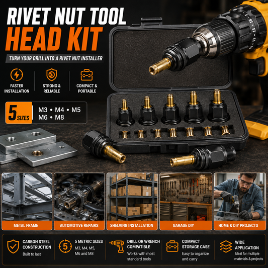 🔧 50% OFF | 5-Size Rivet Nut Tool Head Kit – Turn Your Drill Into a Rivet Nut Installer