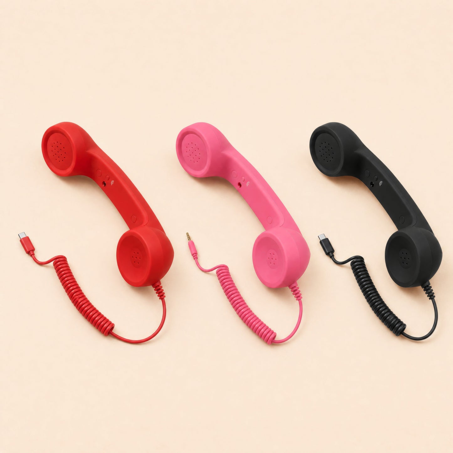DialBop Retro Handset in red, bubblegum pink and black, side by side with their cords