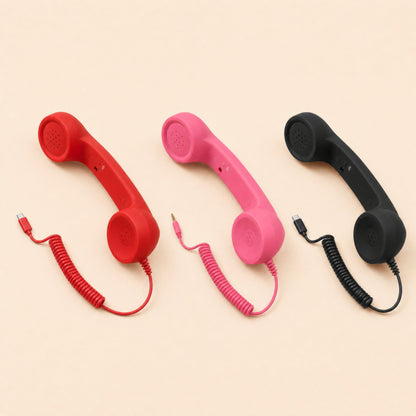 DialBop Retro Handset in red, bubblegum pink and black, side by side with their cords