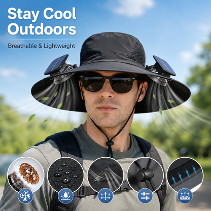 Double Solar Fan Fishing Hat – Unisex 3-Speed Cooling Brimmed Hat, USB Rechargeable, Lotus Leaf Waterproof, UPF Sun Protection for Outdoor Hiking Gardening Travel