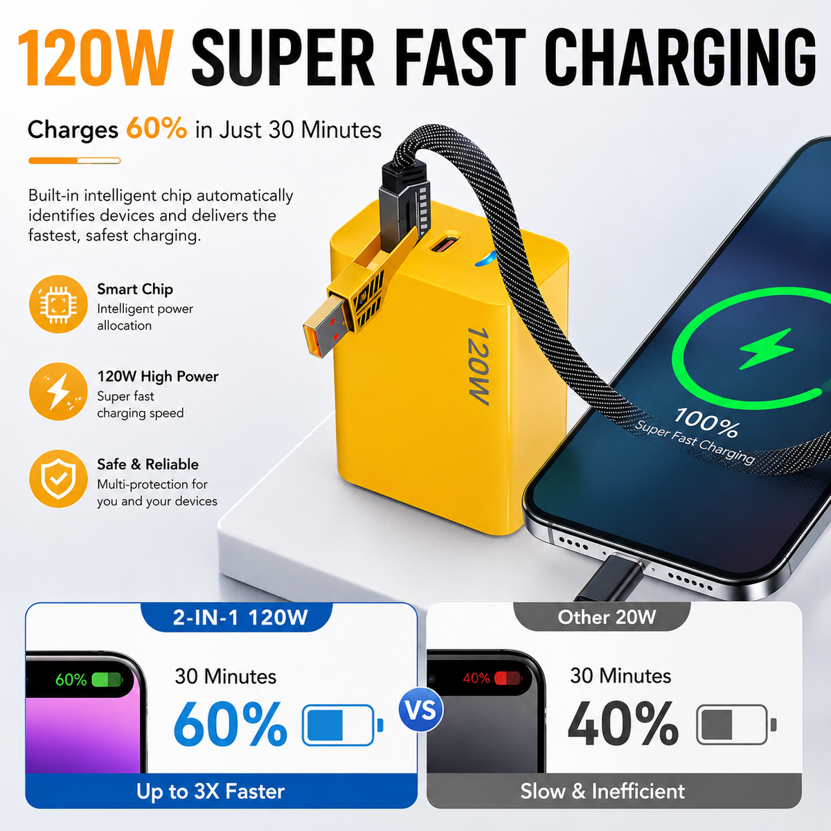 ⚡ 2-Pack USB-C & USB-A 4-Port Fast Charger + 5FT 4-in-1 Cable
