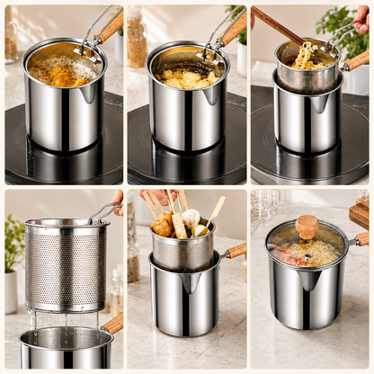 🍟 Personal Mini Deep Fryer Set – Stainless Steel Pot with Lift-Out Draining Basket & Food Tongs