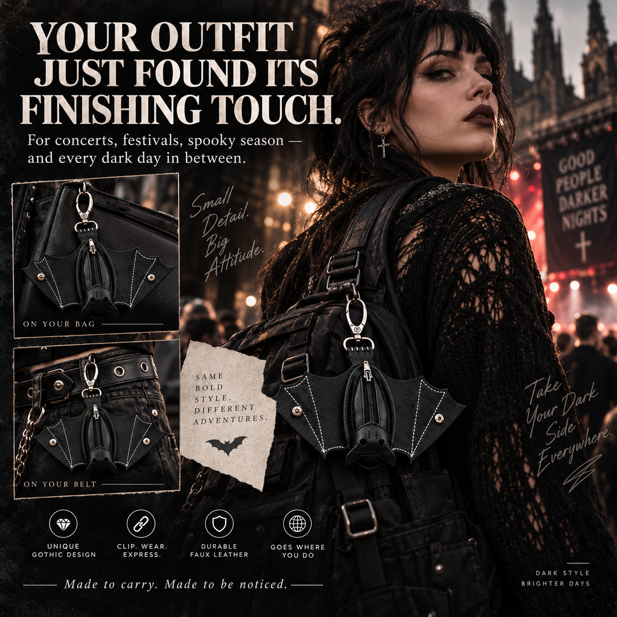 🦇 Bat-Shaped Gothic Mini Wallet – Clip-On Punk Accessory for Bags, Belts & Festival Outfits