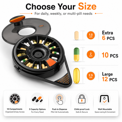 Fullicon Pill Dispenser with 14 Large Compartments and Child-Proof Lock