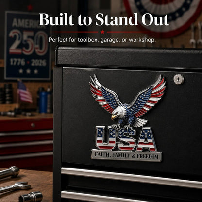 🦅 PATRIOTIC FAVORITE | American Eagle Metal Emblem – USA Faith Family Freedom Car Badge & Garage Decor