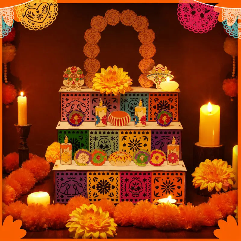 💀 3-Tier Day of the Dead Wooden Altar Display Set | Día de los Muertos Decor
