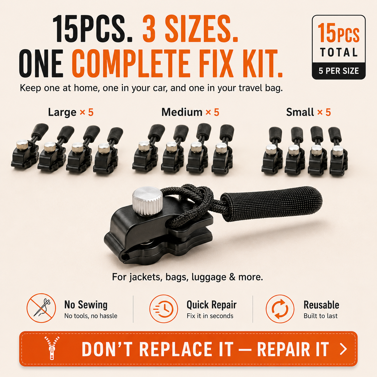 🧥 Universal Zipper Repair Kit – Fix Broken Zippers In Seconds, No Sewing Required