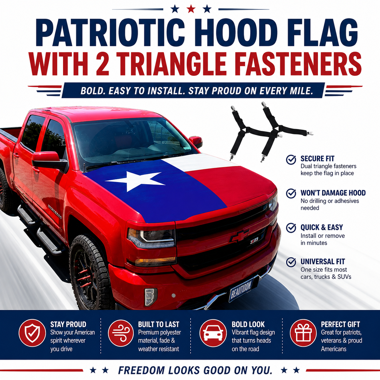🇺🇸 Texas Flag Car Hood Cover with Dual Triangle Fasteners – Easy-Install Patriotic Decoration for Trucks, SUVs & Cars