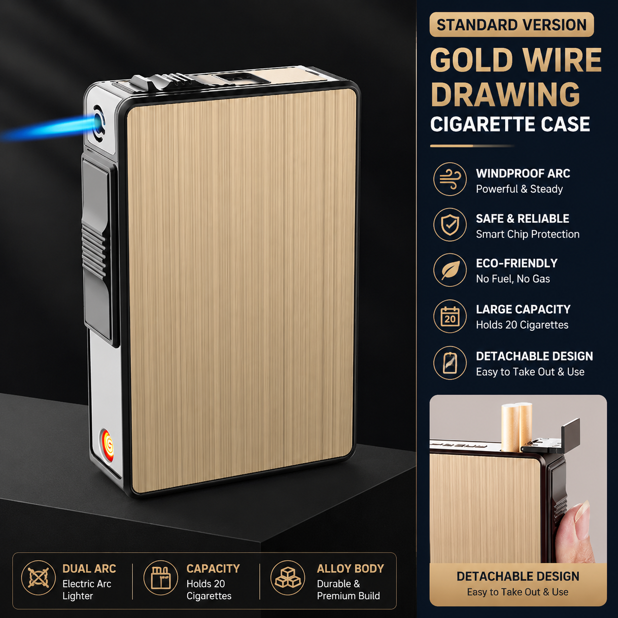 3-in-1 Multifunctional Cigarette Case | Windproof Electric & Gas Lighter EDC