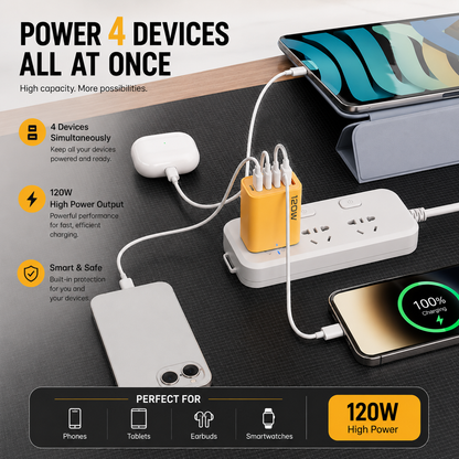 ⚡ 2-Pack USB-C & USB-A 4-Port Fast Charger + 5FT 4-in-1 Cable
