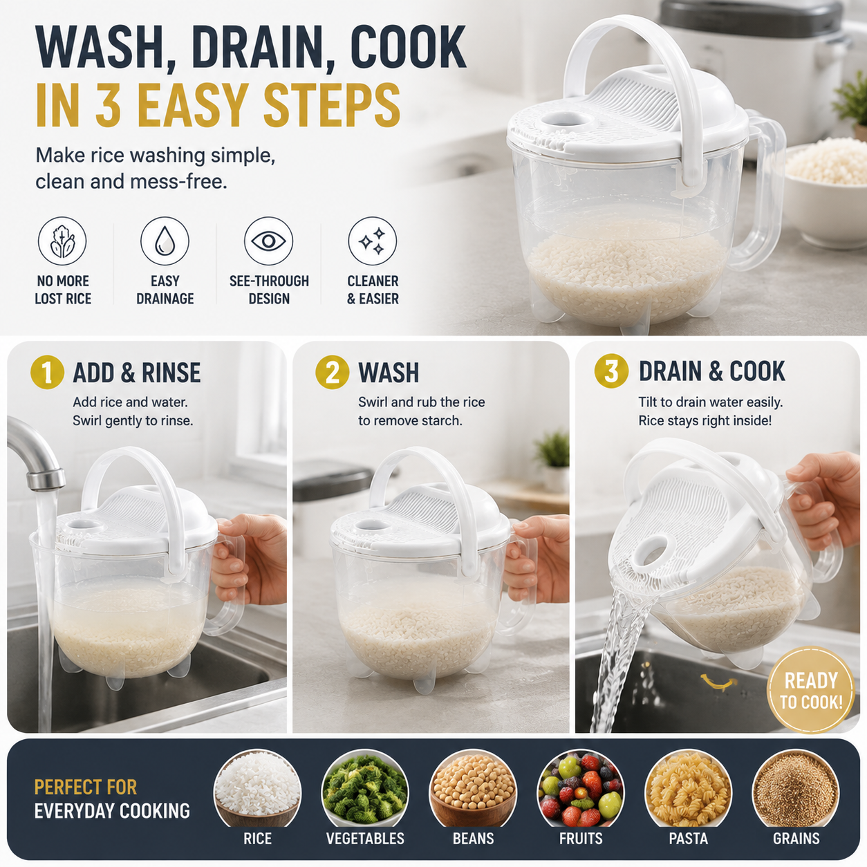 🍚 No-Mess Rice Washing Bowl – Transparent Rice Strainer with Easy Drain Handle for Faster Kitchen Prep