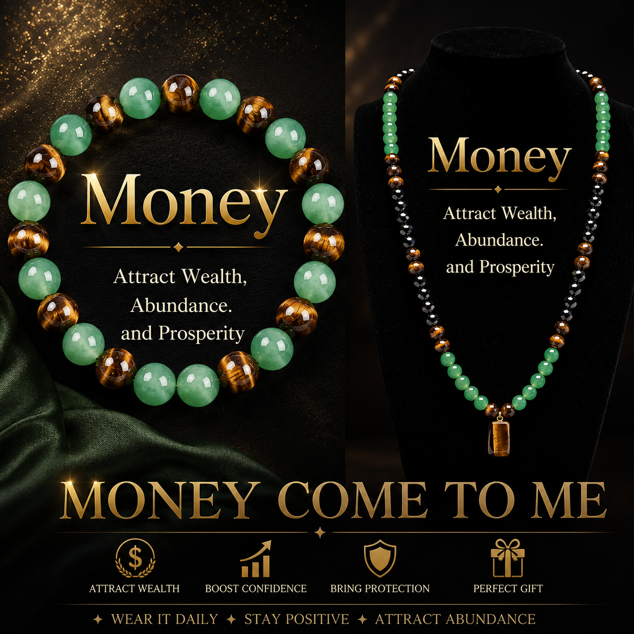 💰 Money Attraction Crystal Bracelet – Green Aventurine & Tiger Eye Lucky Beaded Bracelet for Abundance, Confidence & Everyday Wear