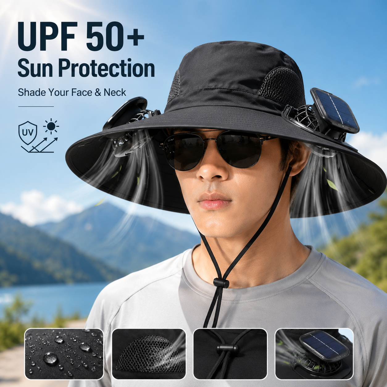 Double Solar Fan Fishing Hat – Unisex 3-Speed Cooling Brimmed Hat, USB Rechargeable, Lotus Leaf Waterproof, UPF Sun Protection for Outdoor Hiking Gardening Travel