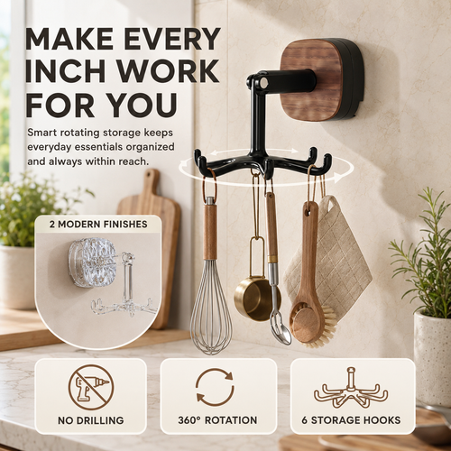 360° Rotating 6-Hook Suction Organizer – No-Drill Space-Saving Storage🪝