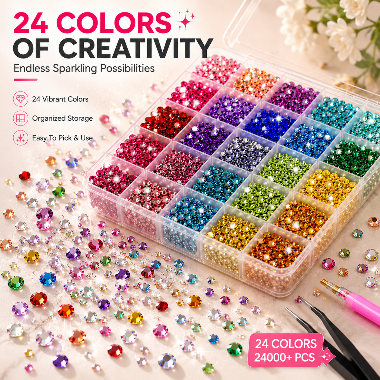 32000PCS Rhinestone Bedazzling Kit – 24 Colors Sparkling Gems for Tumblers, Shoes, Phone Cases & DIY Crafts