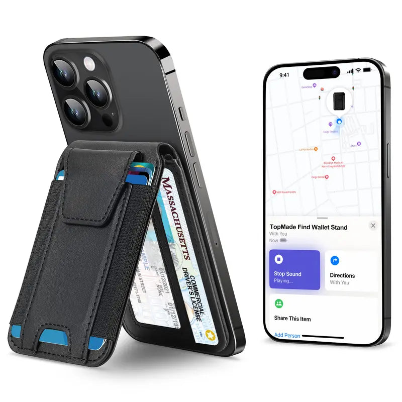 Smart magnetic Find My wallet attached to iPhone