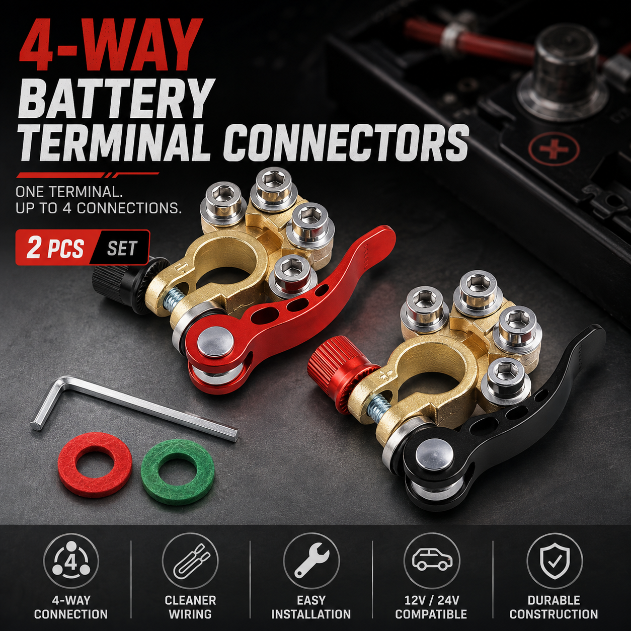 🔋 4-Way Battery Terminal Connectors | 12V & 24V Car & Truck Battery Clamps