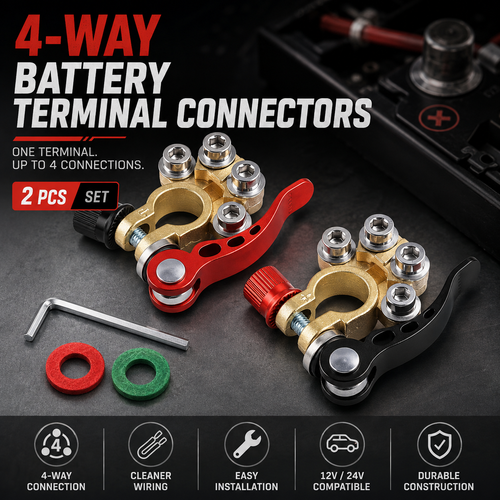 🔋 4-Way Battery Terminal Connectors | 12V & 24V Car & Truck Battery Clamps