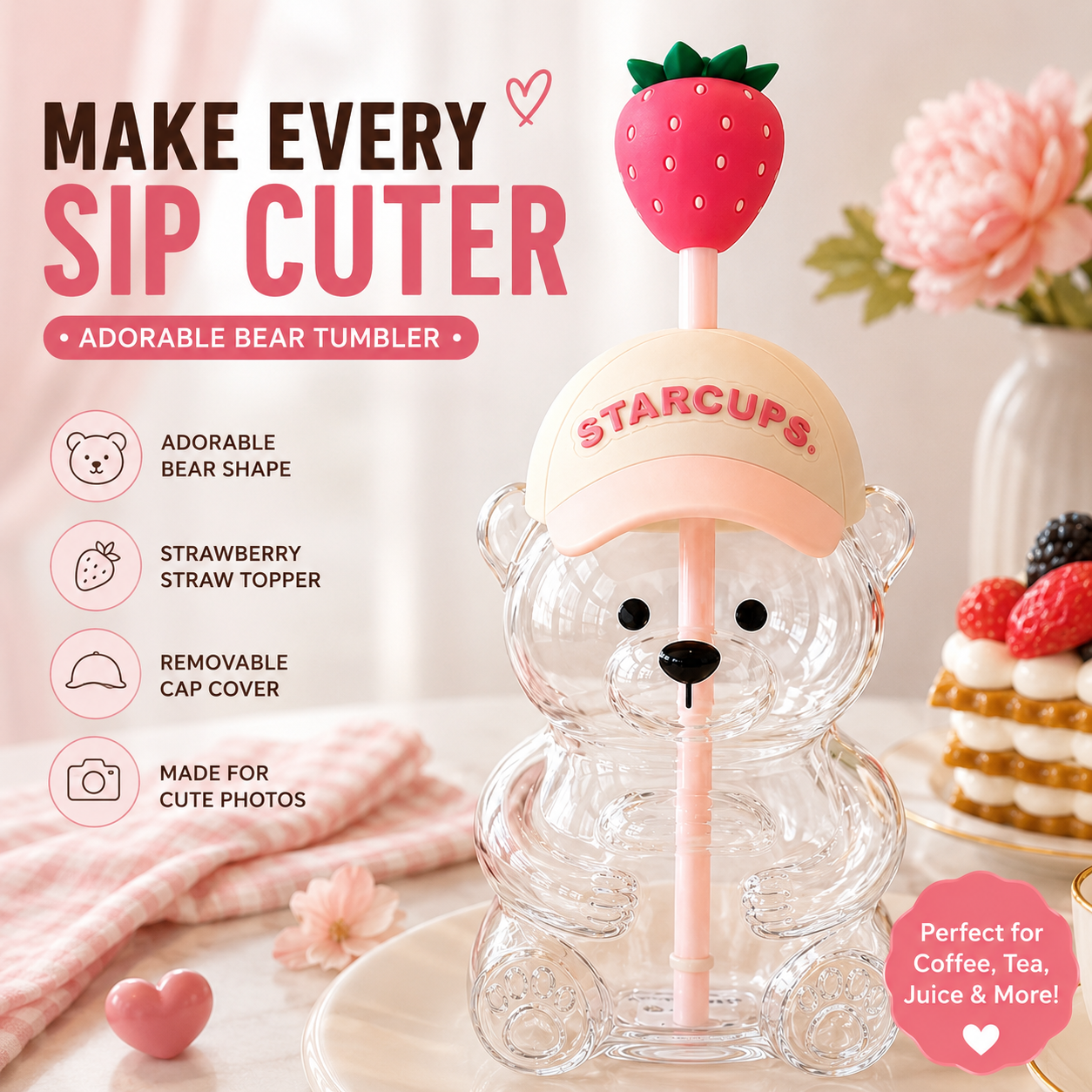 🧸2026 New Cute Beaar Glass Tumbler with Bear Lid & Strawberry Straw✨