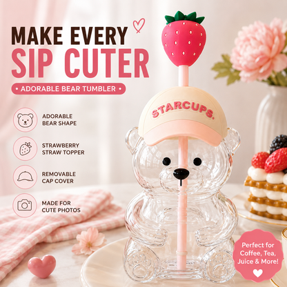 🧸2026 New Cute Beaar Glass Tumbler with Bear Lid & Strawberry Straw✨