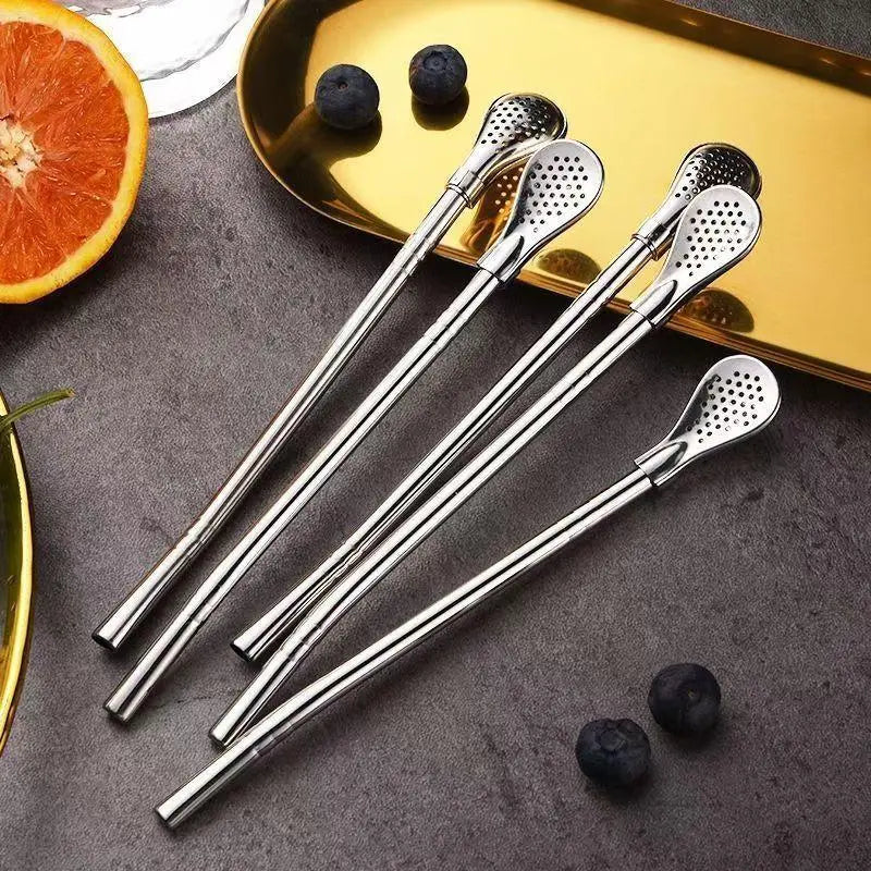 2 in 1 stainless steel filter straw spoon set