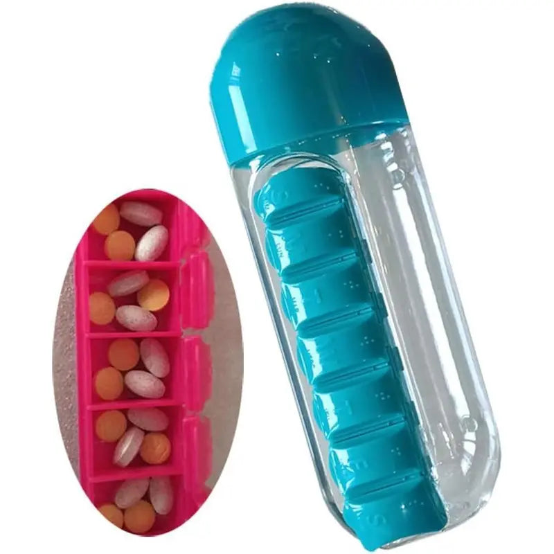 💧 2-in-1 Water Bottle & 7-Day Vitamin Organizer — 600ml