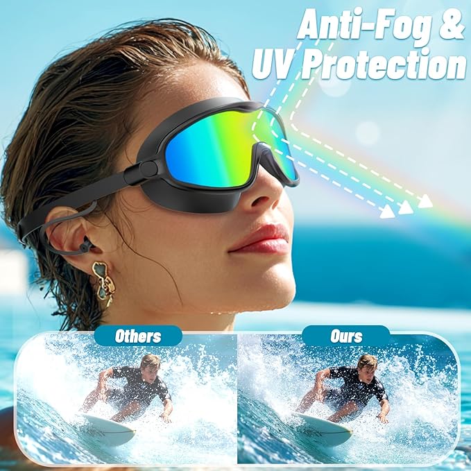 🏊Swim Goggles for Adults, Anti-Fog UV400 Protection No-Leak Wide Vision Swimming Goggles with Swim Cap, Adjustable Quick-Release Big Frame Eyewear for Men Women
