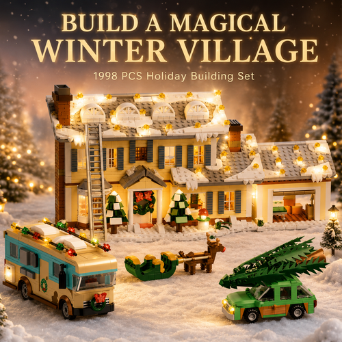 🎄 1998 PCS Winter Holiday Village Building Set with LED Lights & Vehicles ✨