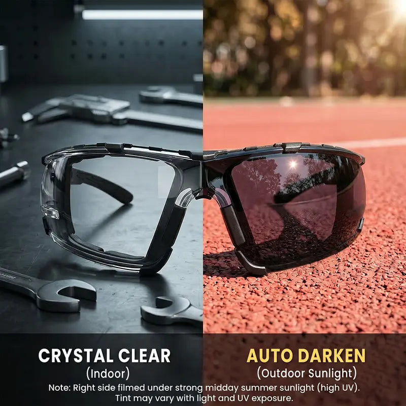 Photochromic Safety Glasses for Adults, Impact-Resistant ANSI Z87.1 Certified Protective Eyewear for Work & Outdoor – Removable Foam Lining Construction Gear Dust Proof Goggles