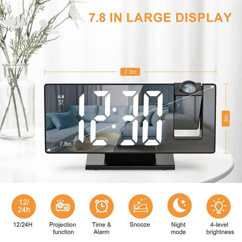 LED Digital Projection Alarm Clock - 7.8in Display, 180° Rotatable Projector, Black & White Light, Digital Dimmable Clock, Date & Week Display, Voice Control, 12/24H Format, Sleep Mode, USB Port, Home Bedroom Timekeeping Decor, Projection Clock