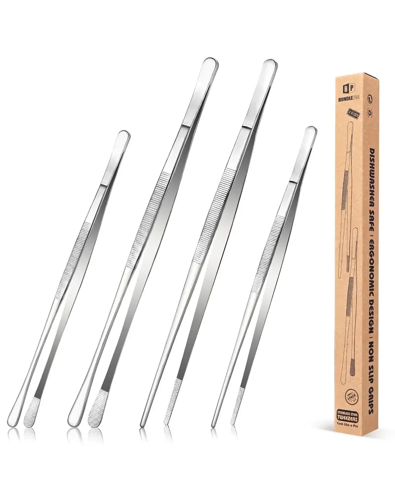 🍳 4-Piece Stainless Steel Kitchen Tweezers Set – Precision Cooking, BBQ & Plating Tongs