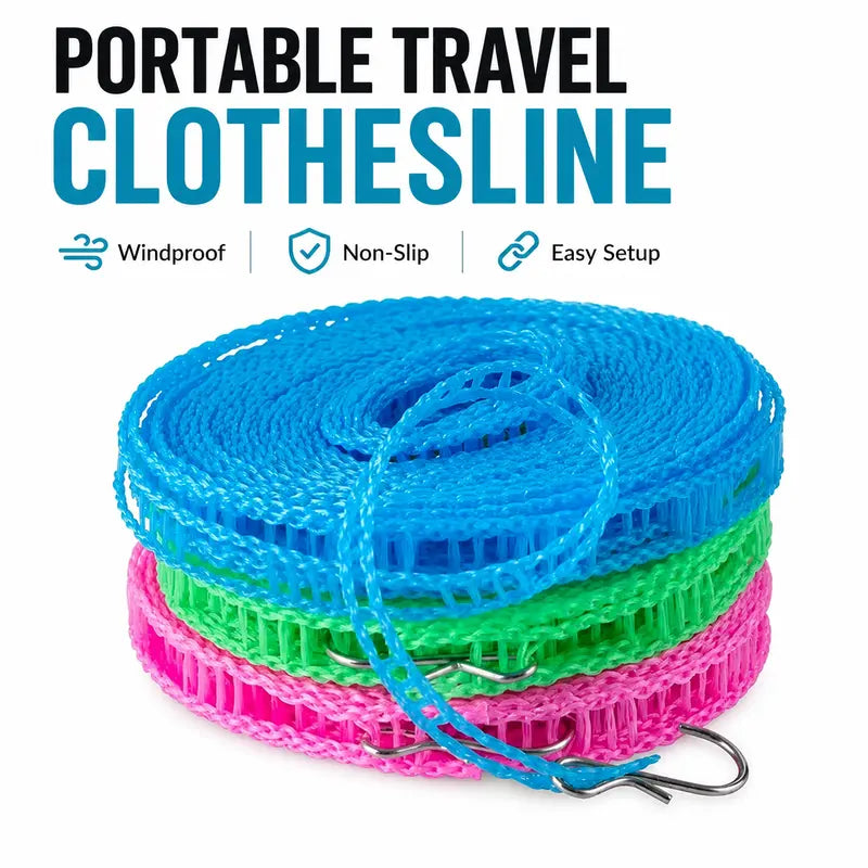 3-Roll Portable Non-Slip Clothesline – Windproof Travel Laundry Line for Camping, Hotel & Home