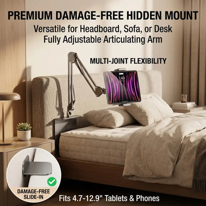 1 Count Bedside Tablet Stand with Metal Base, Universal Holder for Phone and iPad, Flexible Mechanical Arm Fits 4-12.9 Inch Devices, Clamp or Desktop Mount for Bed, Sofa, Kitchen Counter, 360° Rotatable
