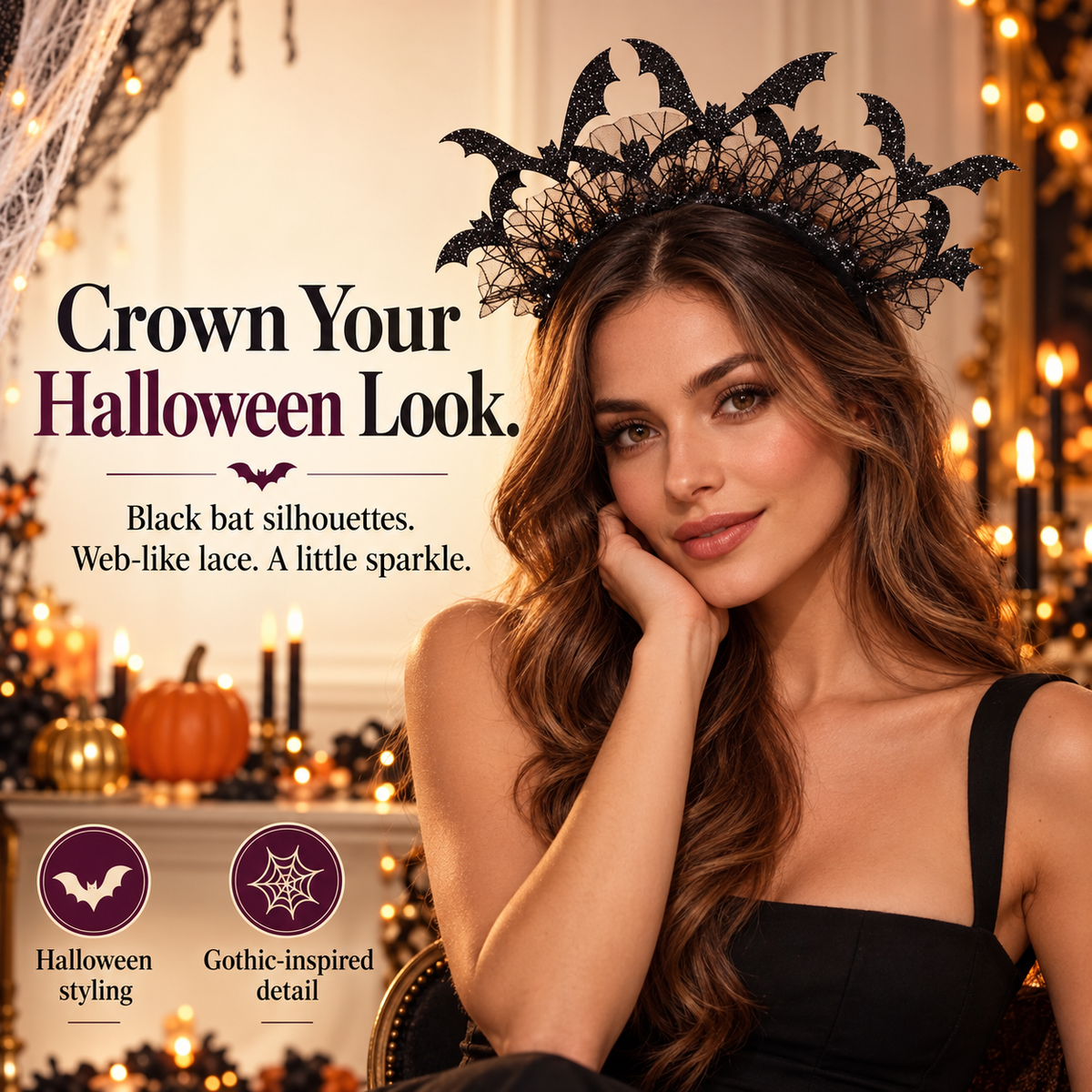 🦇 Black Bat Crown Headband – Spider-Web Lace & Glitter-Look Halloween Headpiece