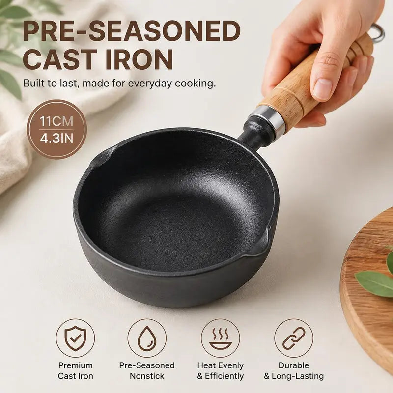 🍳 4.3" Pre-Seasoned Cast Iron Mini Sauce Pan with Wooden Handle & Dual Pour Spouts