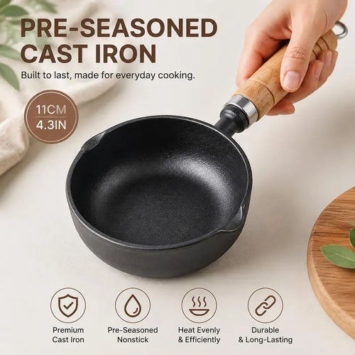 🍳 4.3" Pre-Seasoned Cast Iron Mini Sauce Pan with Wooden Handle & Dual Pour Spouts