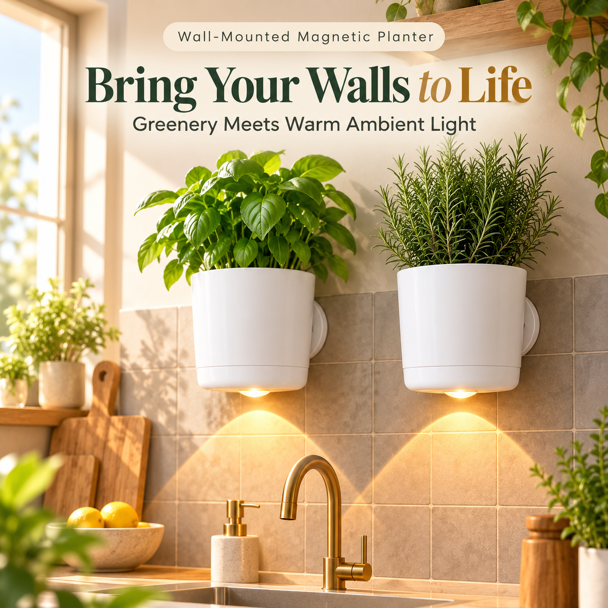 🌿✨ Wall-Mounted Magnetic Planter with Warm LED Glow 🧲💡 | Space-Saving White Indoor Plant Pot & Modern Home Accent 🪴🏡 product image