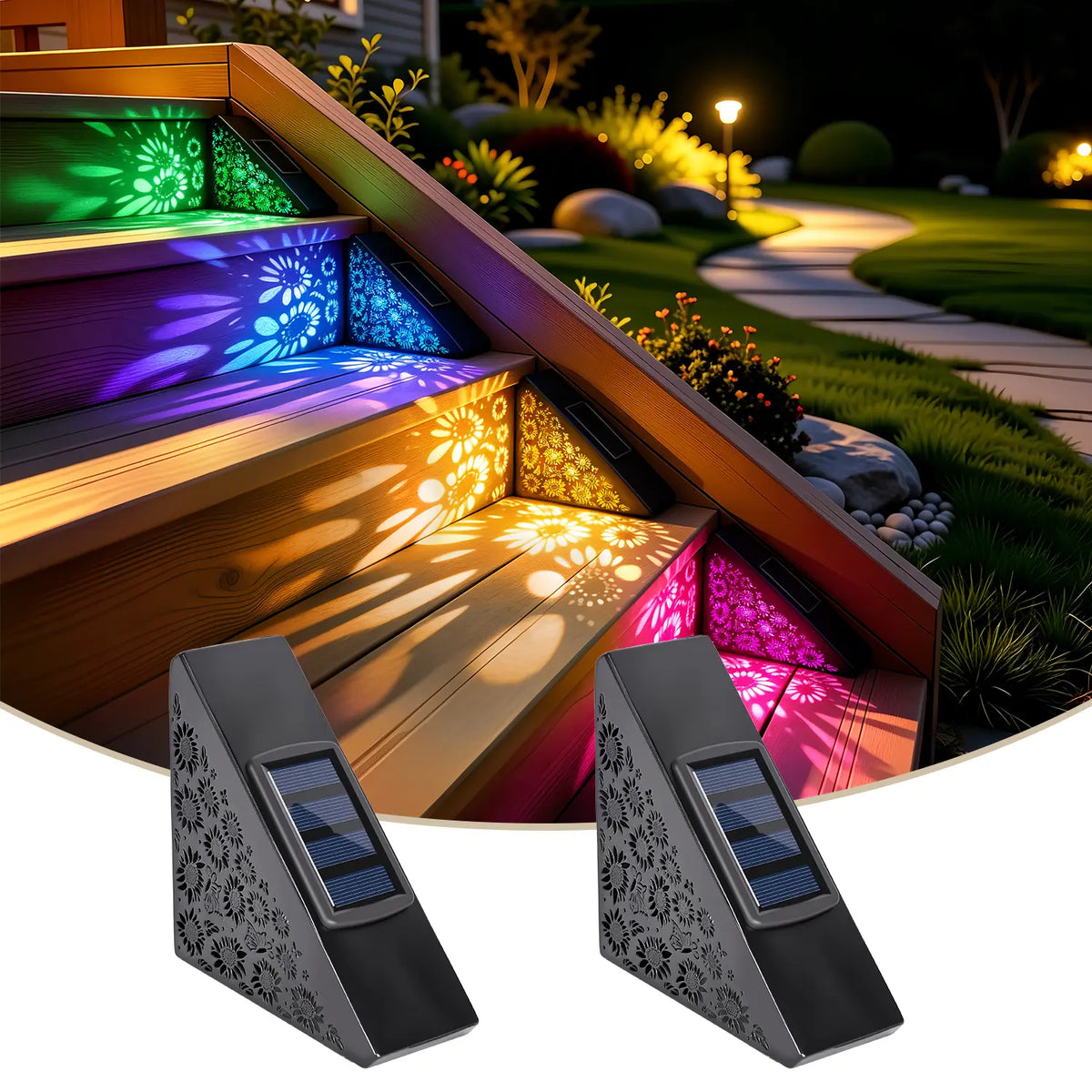 Solar outdoor step lights, IP65 waterproof LED deck/stair lights, color-changing gradient lighting, automatic dusk-to-dawn warm white light, solar-powered.