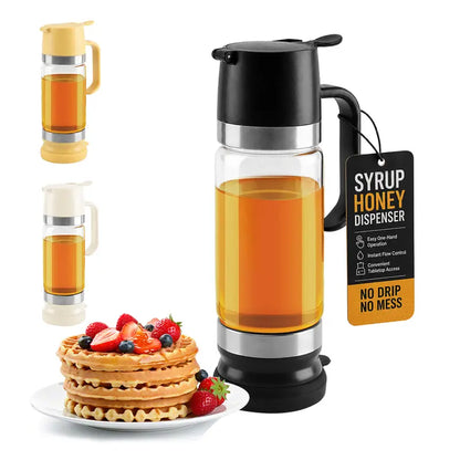 🍯 12 oz No-Drip Honey & Syrup Dispenser with Base – One-Hand Press-to-Pour Server