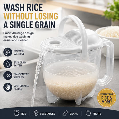 🍚 No-Mess Rice Washing Bowl – Transparent Rice Strainer with Easy Drain Handle for Faster Kitchen Prep