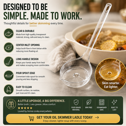 🥣 Fat Skimmer Ladle | Clear Oil Separator Spoon for Soup, Broth & Stew