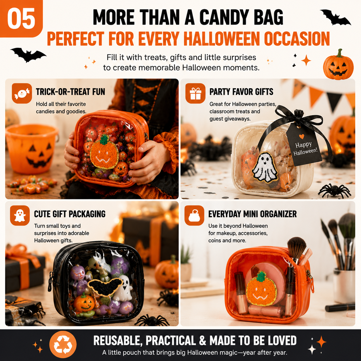 🎃 Halloween Mini Clear Pouch – Cute Pumpkin Ghost Bat Treat Bag for Candy, Makeup & Small Treasures