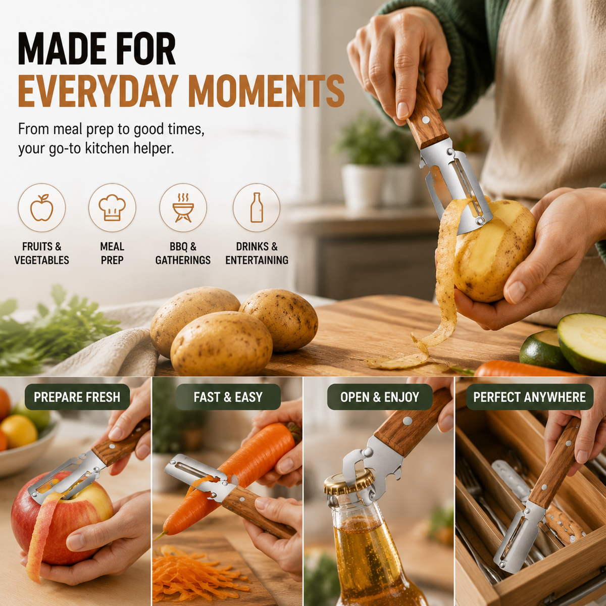 🔪 2-in-1 Wooden Kitchen Peeler & Bottle Opener – Peel, Open & Simplify Your Cooking