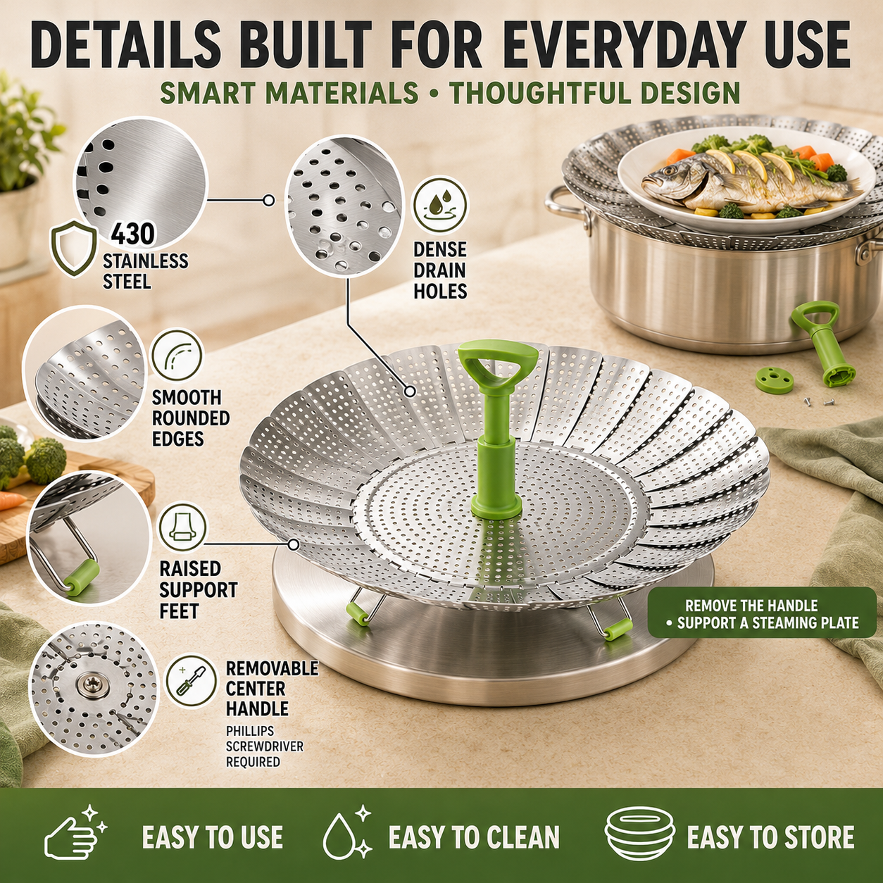 🥦 3-in-1 Adjustable Folding Steamer Basket – Steam, Rinse & Serve