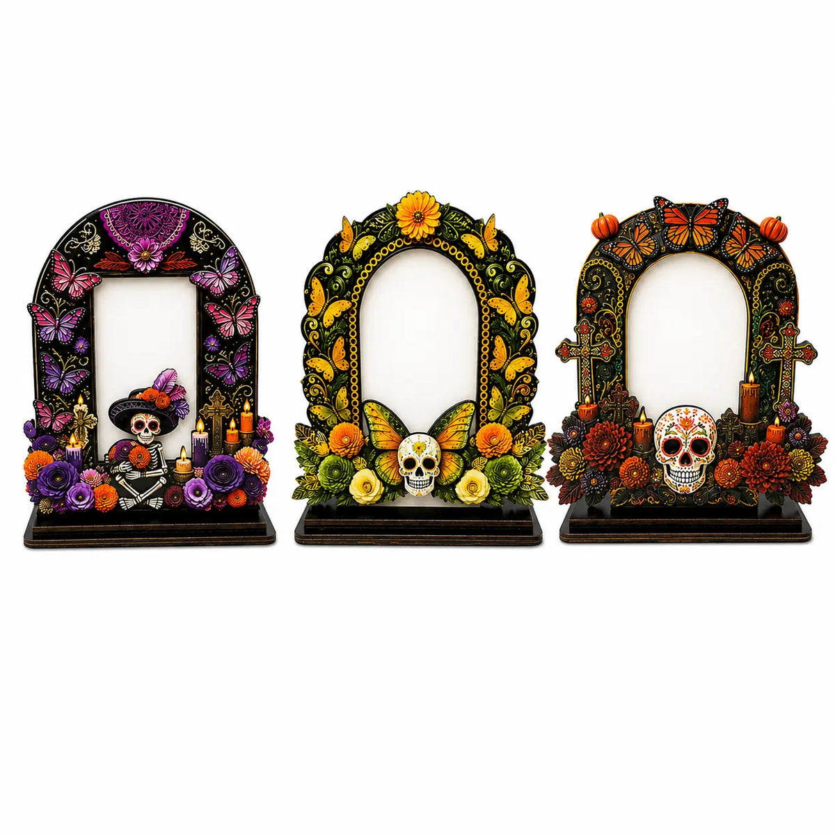 💀 DAY OF THE DEAD DECOR | 6 Wooden Memorial Photo Frames – Colorful Ofrenda Picture Frame Set with Floral Details