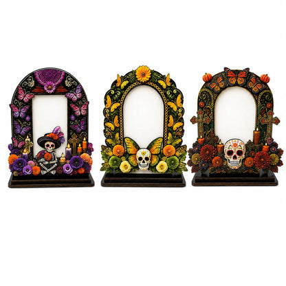 💀 DAY OF THE DEAD DECOR | 6 Wooden Memorial Photo Frames – Colorful Ofrenda Picture Frame Set with Floral Details