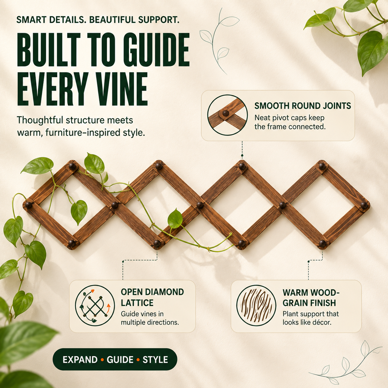 🌿 Expandable Wooden Plant Trellis & Wall Rack – Turn Trailing Vines Into Living Wall Décor