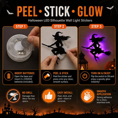 🔥Last Day 50% OFF - 🎃8 Pack Halloween LED Silhouette Wall Light Stickers, Battery Powered Peel & Stick Decor Lights