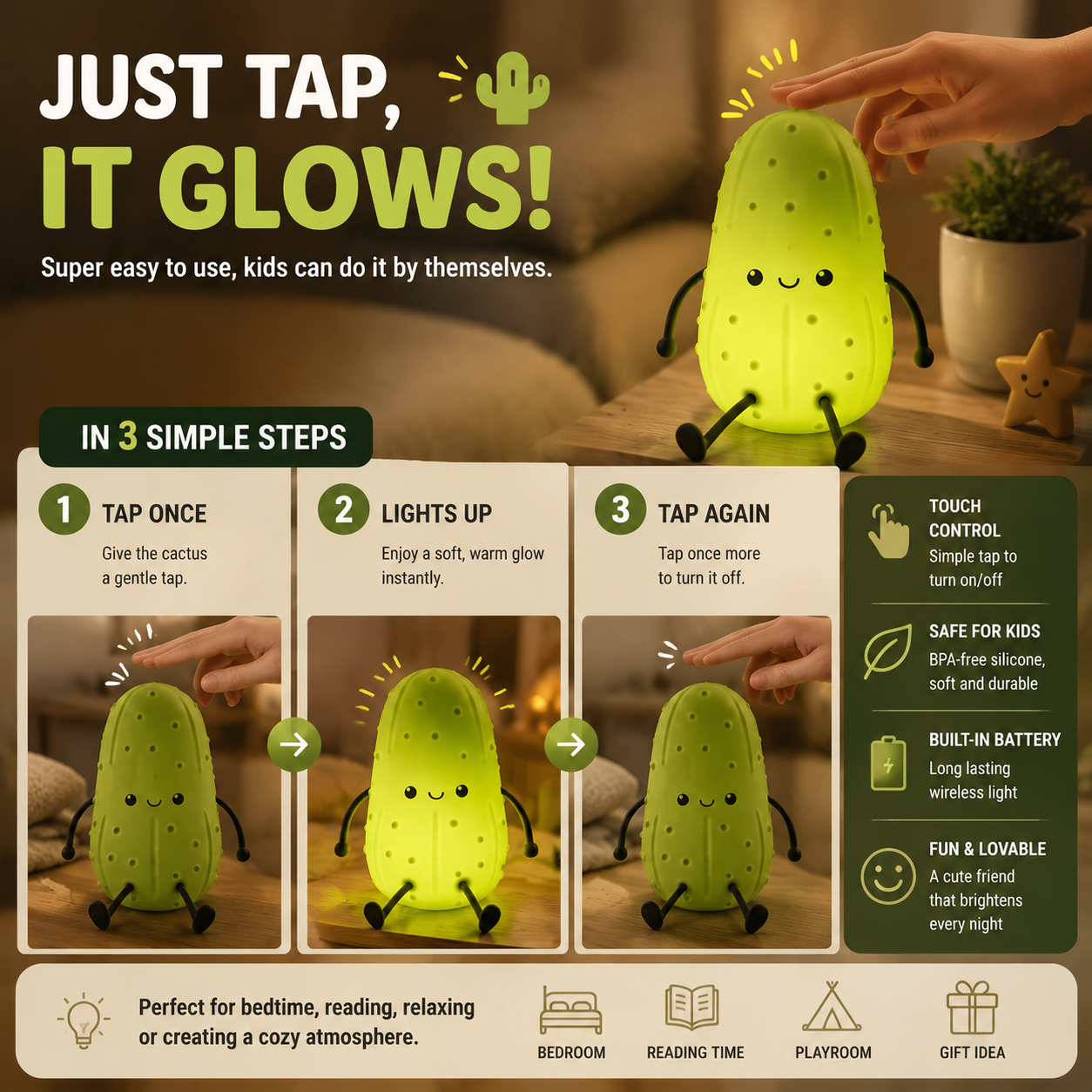 🌵 Cute Cactus Tap Night Light | Soft Silicone Bedside Lamp For Kids & Cozy Room Decor💡